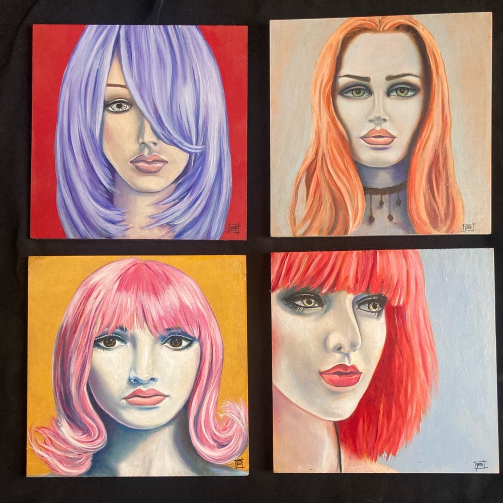 4 Original 8x8 oil paintings of wig mannequins